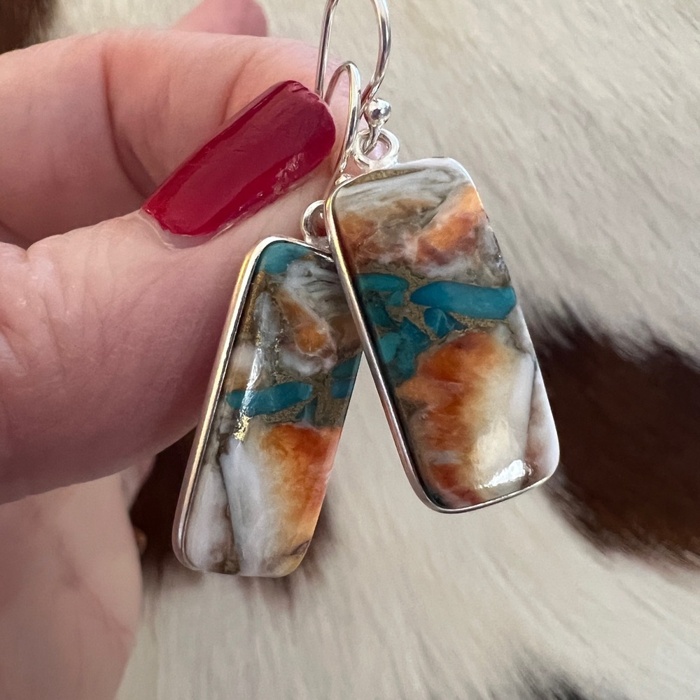 Spiny Oyster Turquoise Rectangle Dangle Earrings … - image 4